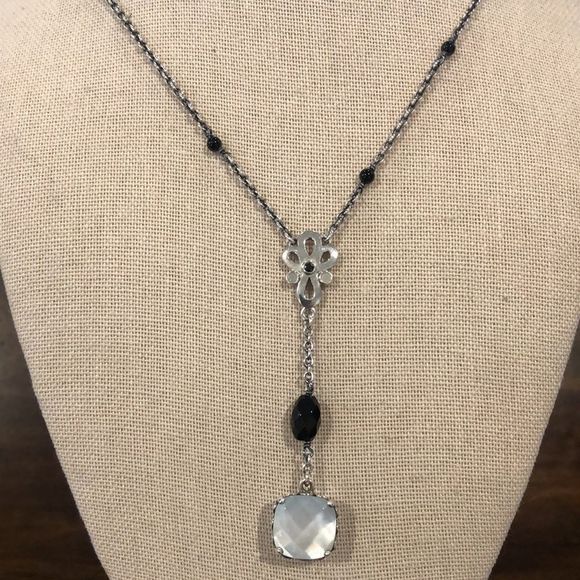 PANDORA Sincerity Sterling Silver Y Drop Mother of Pearl Onyx Station Necklace - Picture 2 of 12